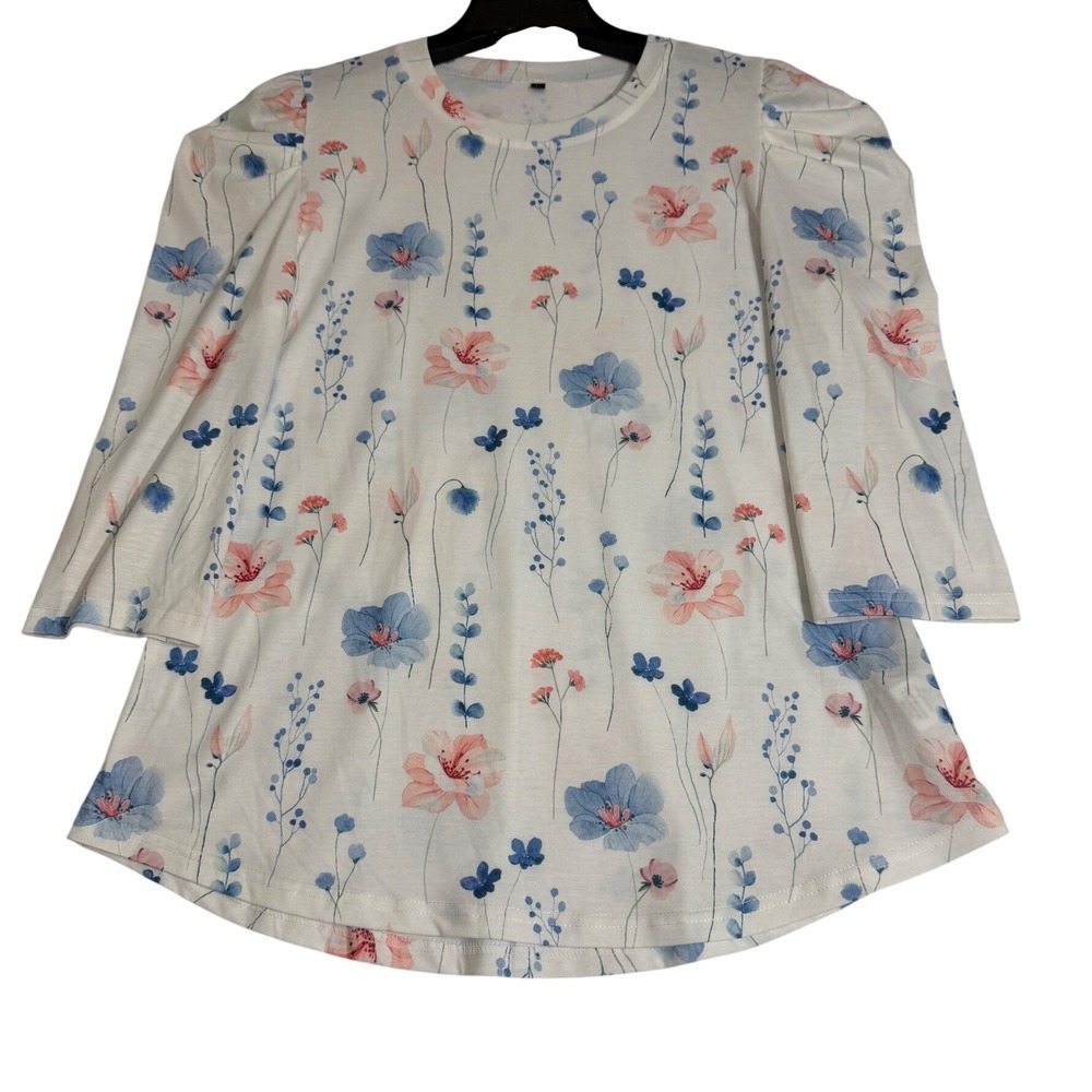 Fashion Women's Floral Print Puff Sleeve Top White Pink Blue Size M Whimsy